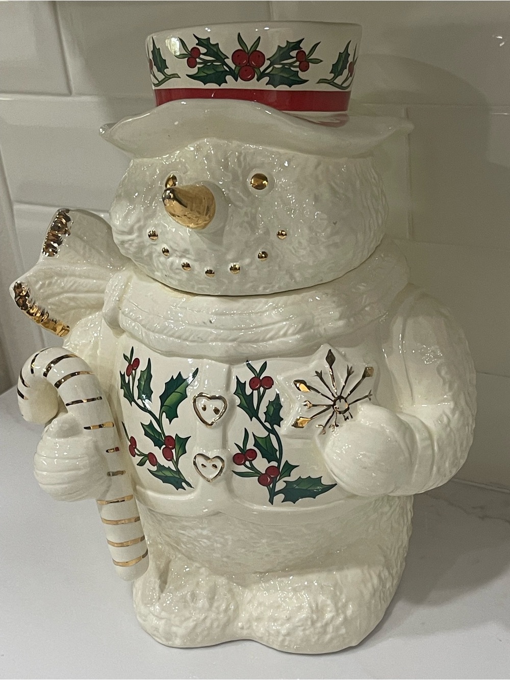 Cookie Jar Snowman Formalities by Baum Bros Christmas Holly Ceramic 11 in Candy